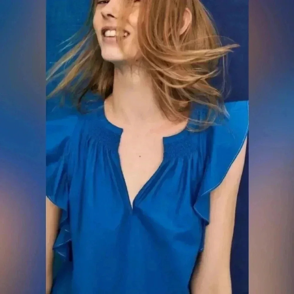 Anthropologie HD in Paris Size 12 Blue Batwing Cotton Ruffle Poplin Blouse